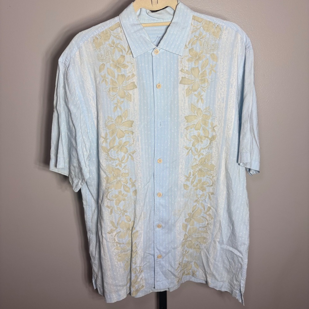 Tommy Bahama Mens Large Blue Floral Paisley Tencel Cotton Button Down Shirt